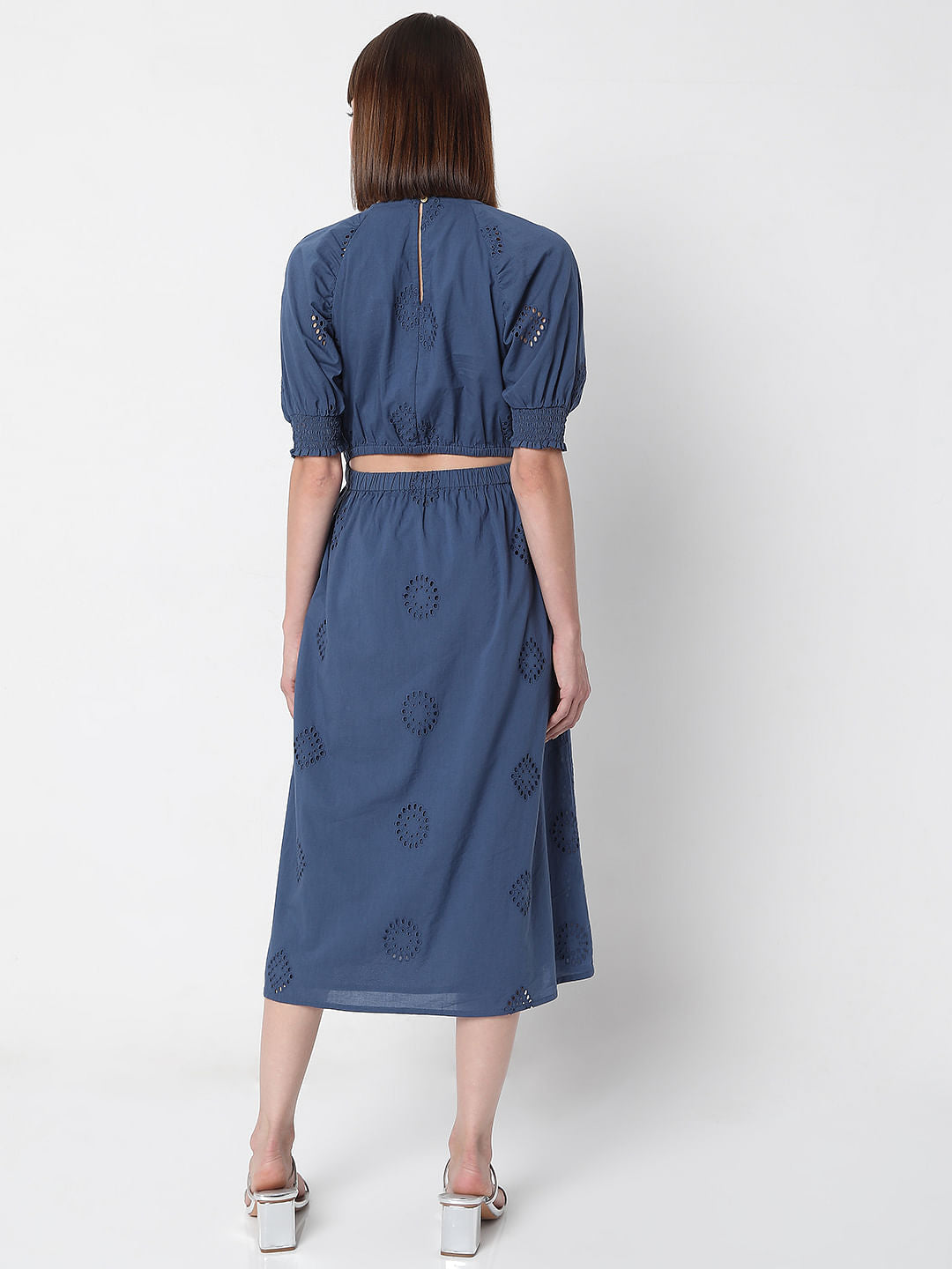 Blue Schiffli Embroidered Midi Dress