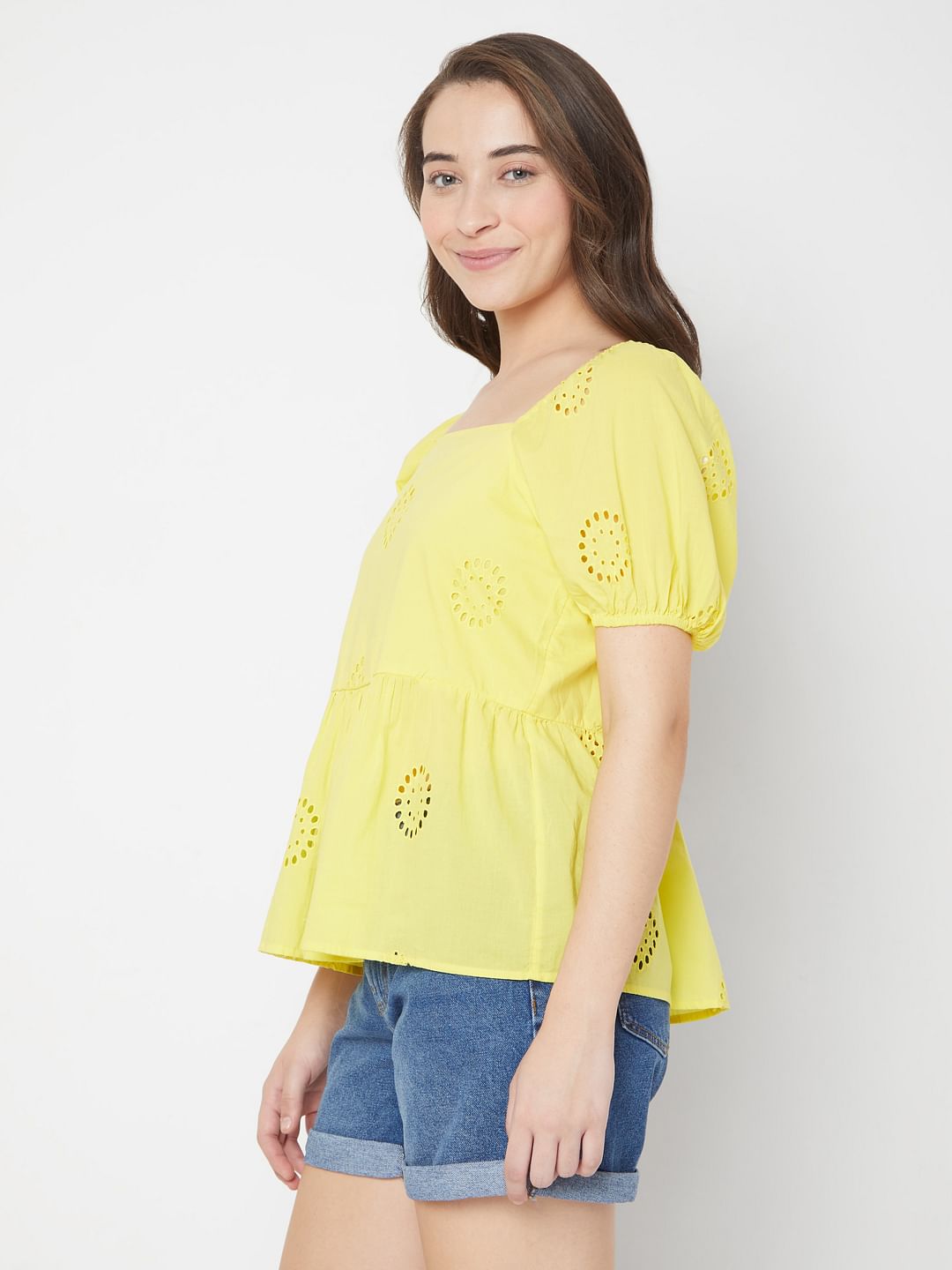 Yellow Schiffli Embroidered Top