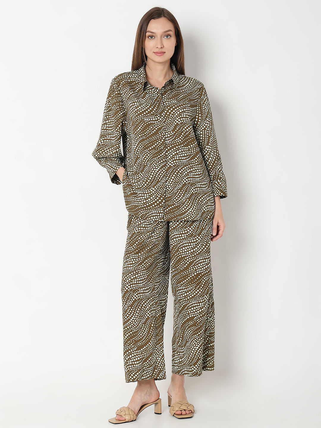 Dark Brown Printed Co-Ord Set Shirt