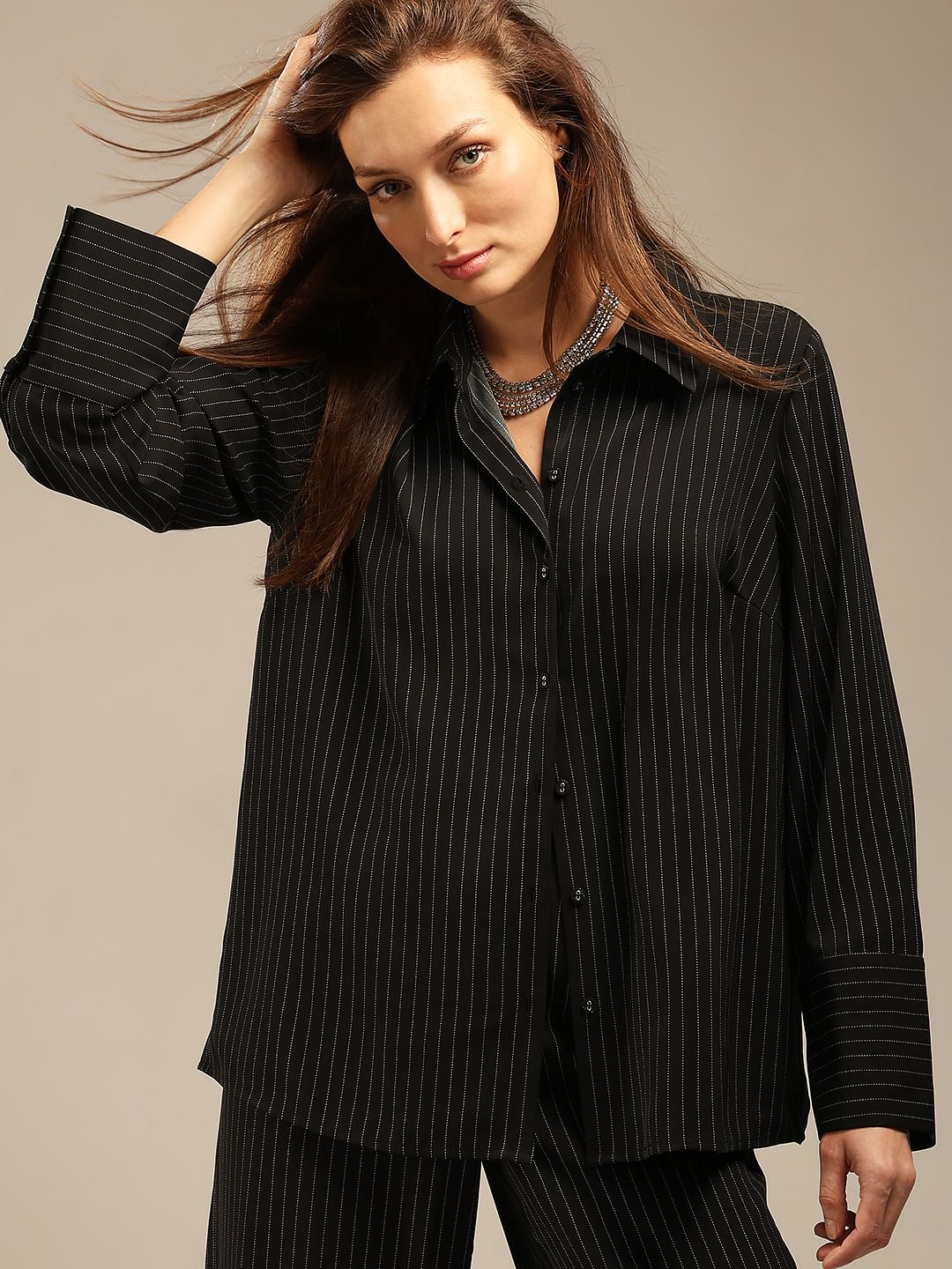 Black Pinstripe Co-Ord Set Shirt