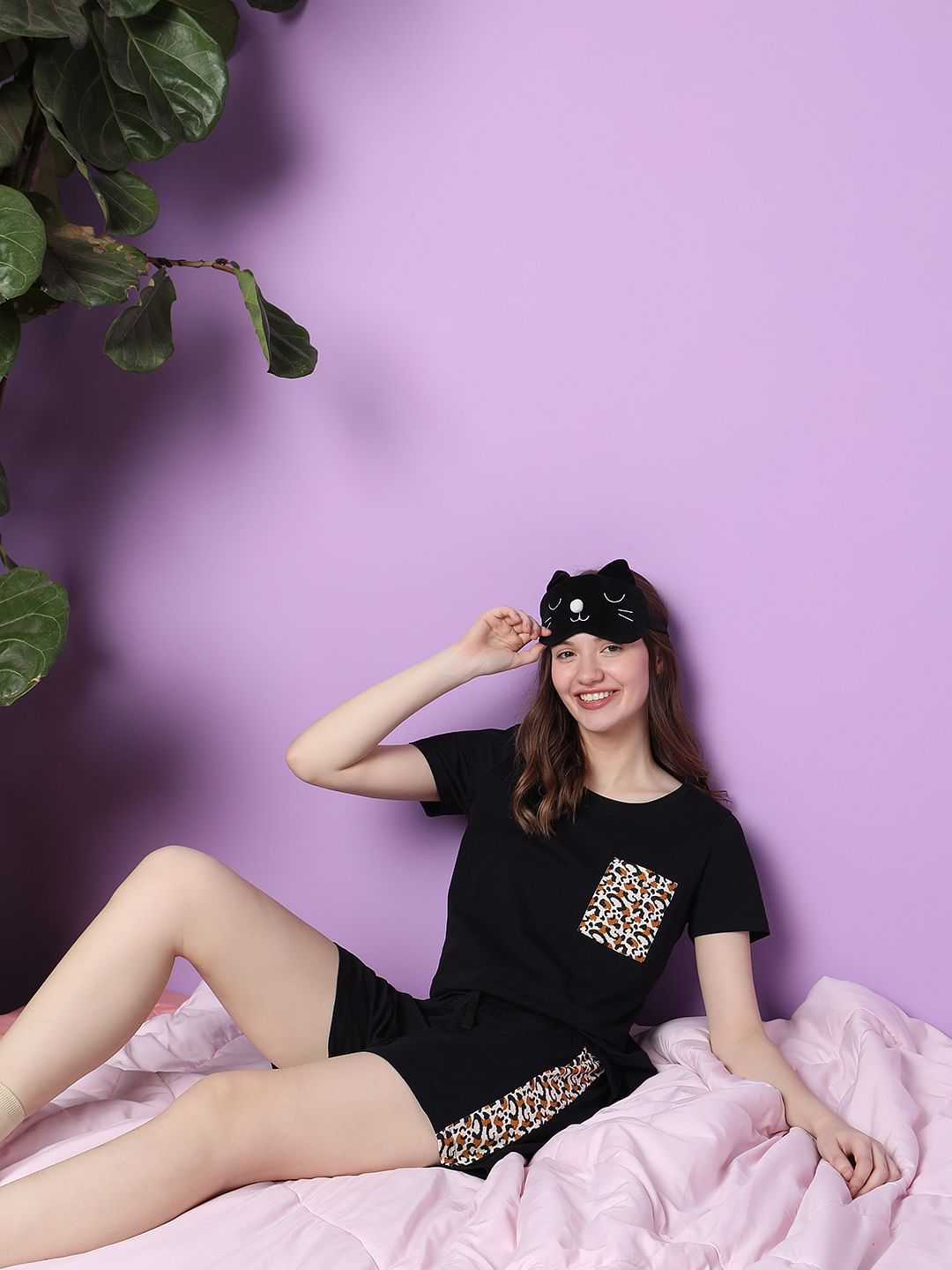 Navy Blue Animal Print T-Shirts & Shorts Night Suit-Set