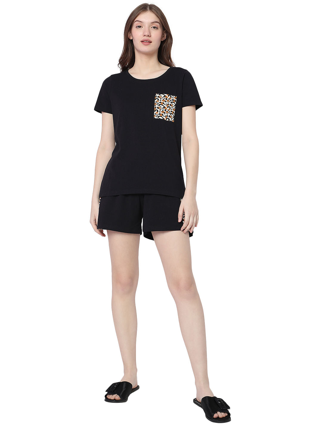 Navy Blue Animal Print T-Shirts & Shorts Night Suit-Set