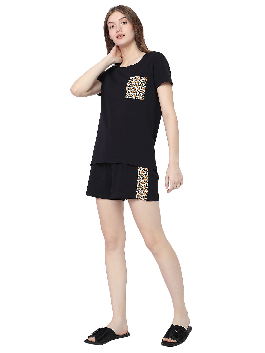 Navy Blue Animal Print T-Shirts & Shorts Night Suit-Set