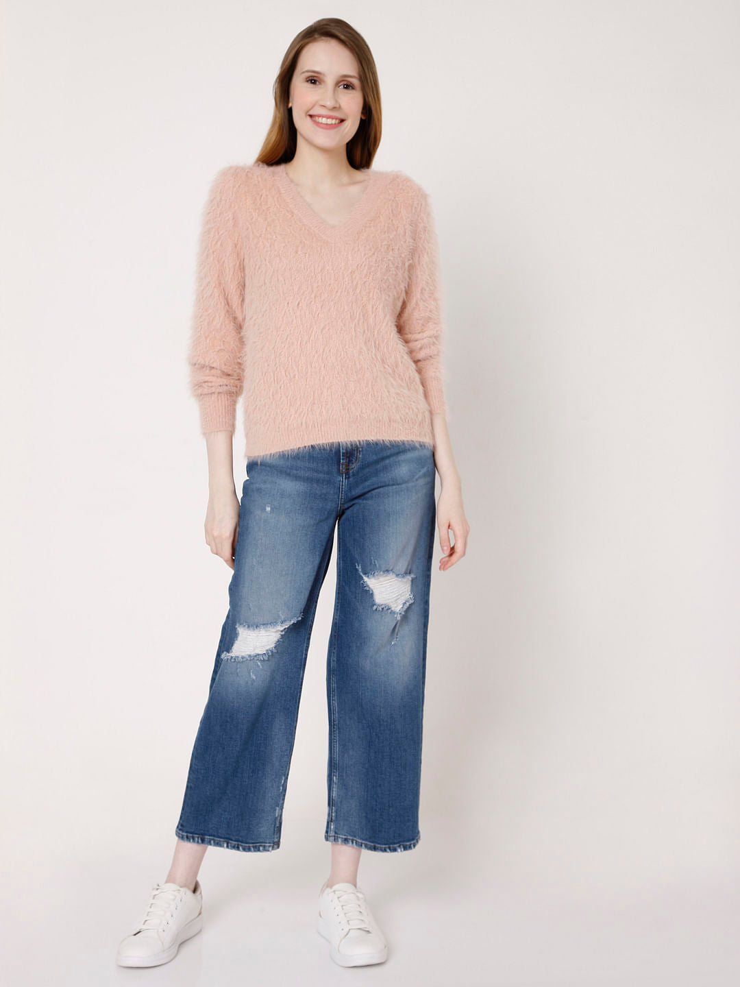 Light Pink Textured Knit Pullover