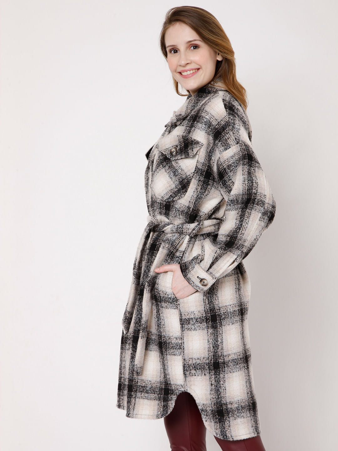 Beige & Black Check Winter Coat