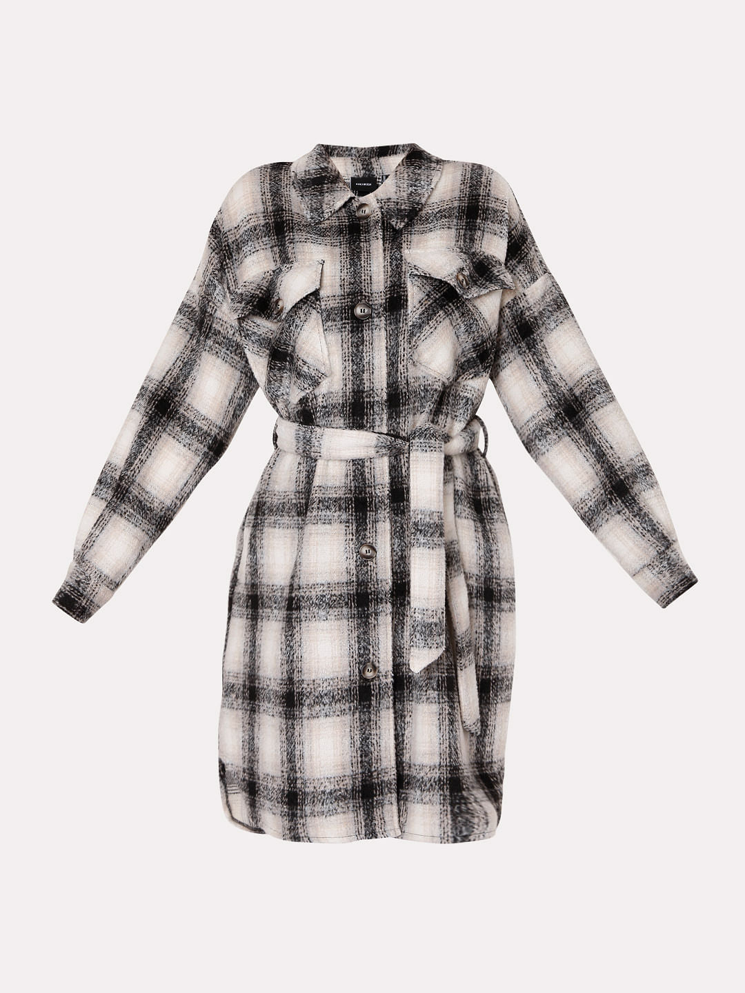 Beige & Black Check Winter Coat