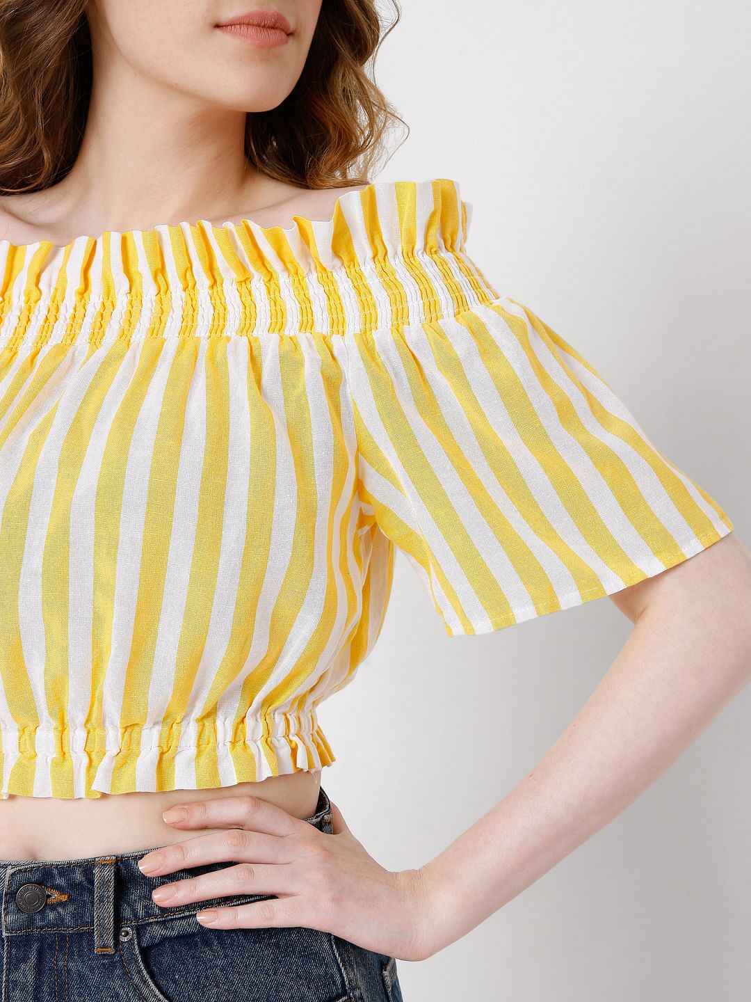 Yellow Striped Off-Shoulder Top