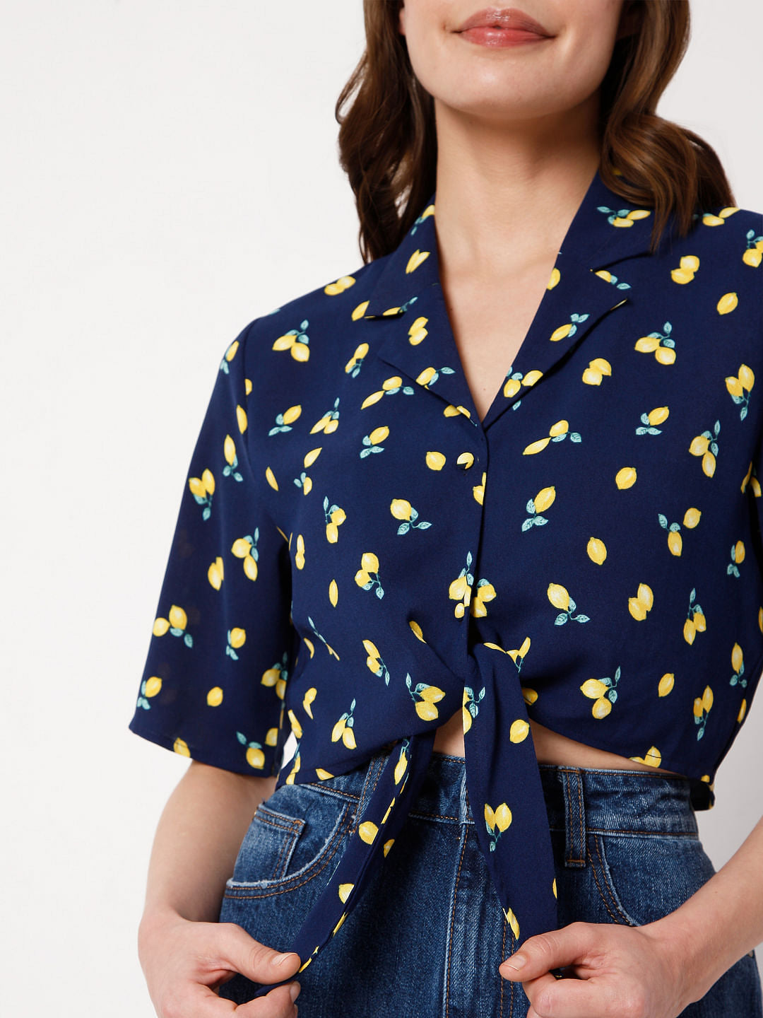 Blue Printed Cropped Co-Ord Set Shirt