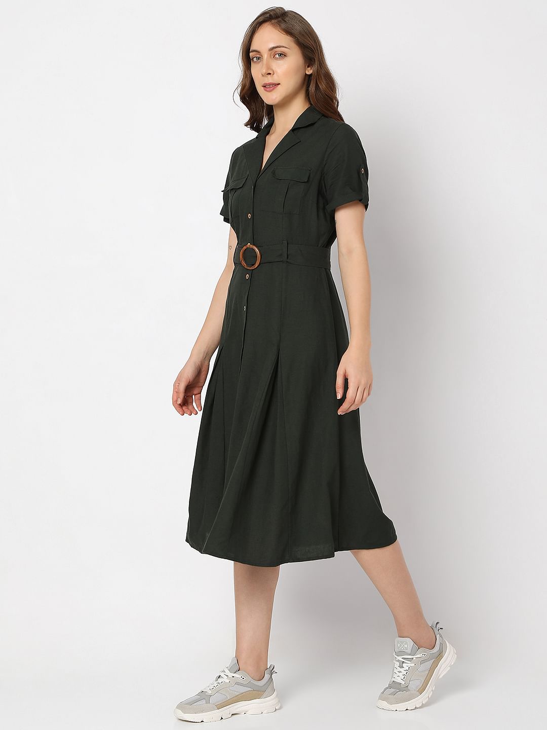 Green Utility Midi Shirt Dress