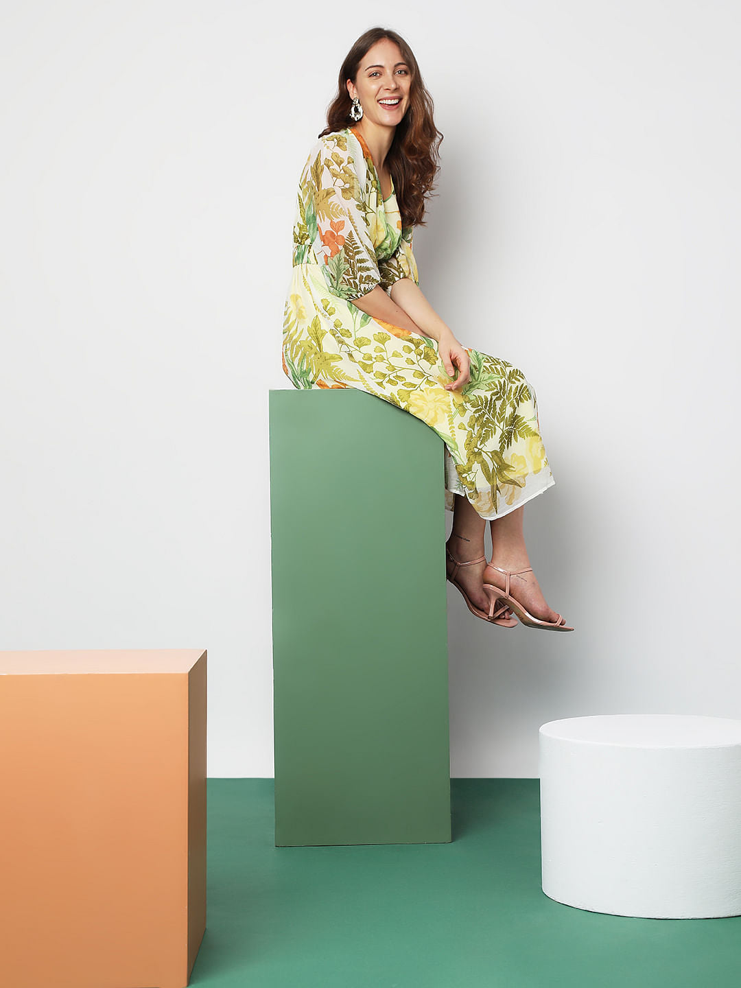 Green Tropical Print Midi Dress