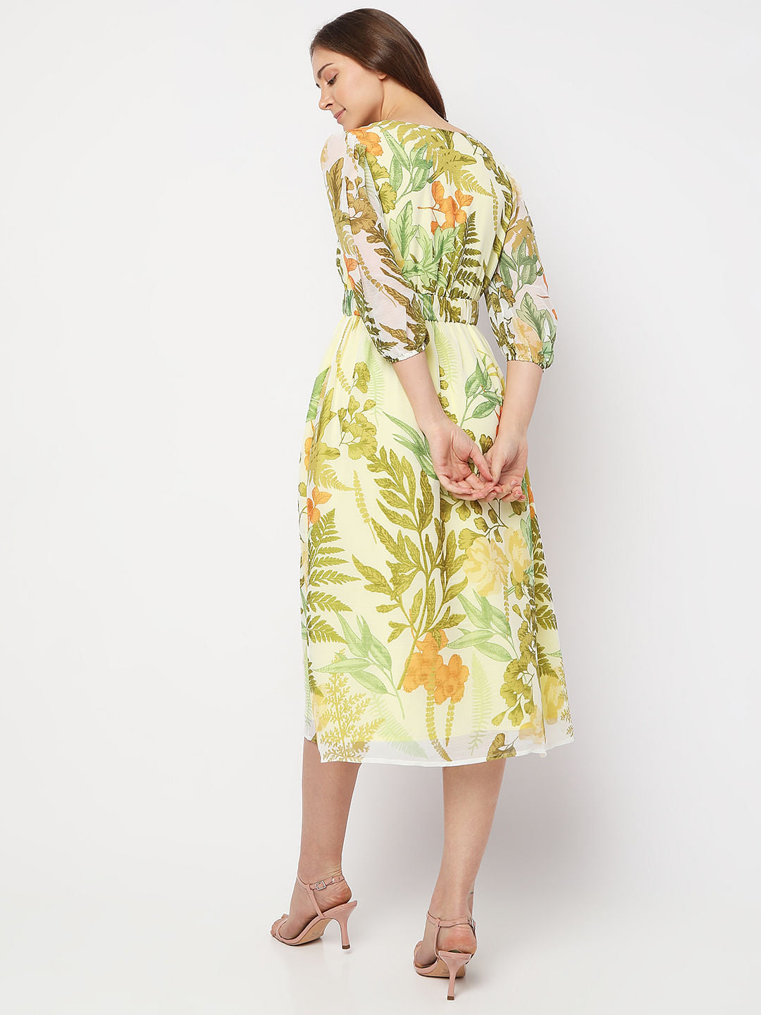 Green Tropical Print Midi Dress