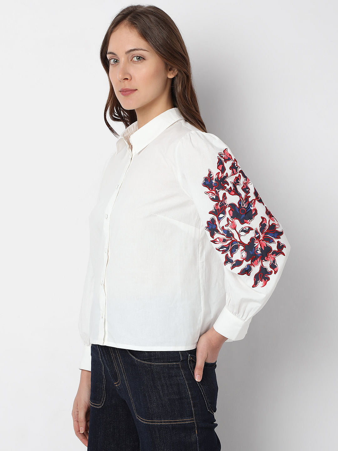 White Floral Embroidered Shirt