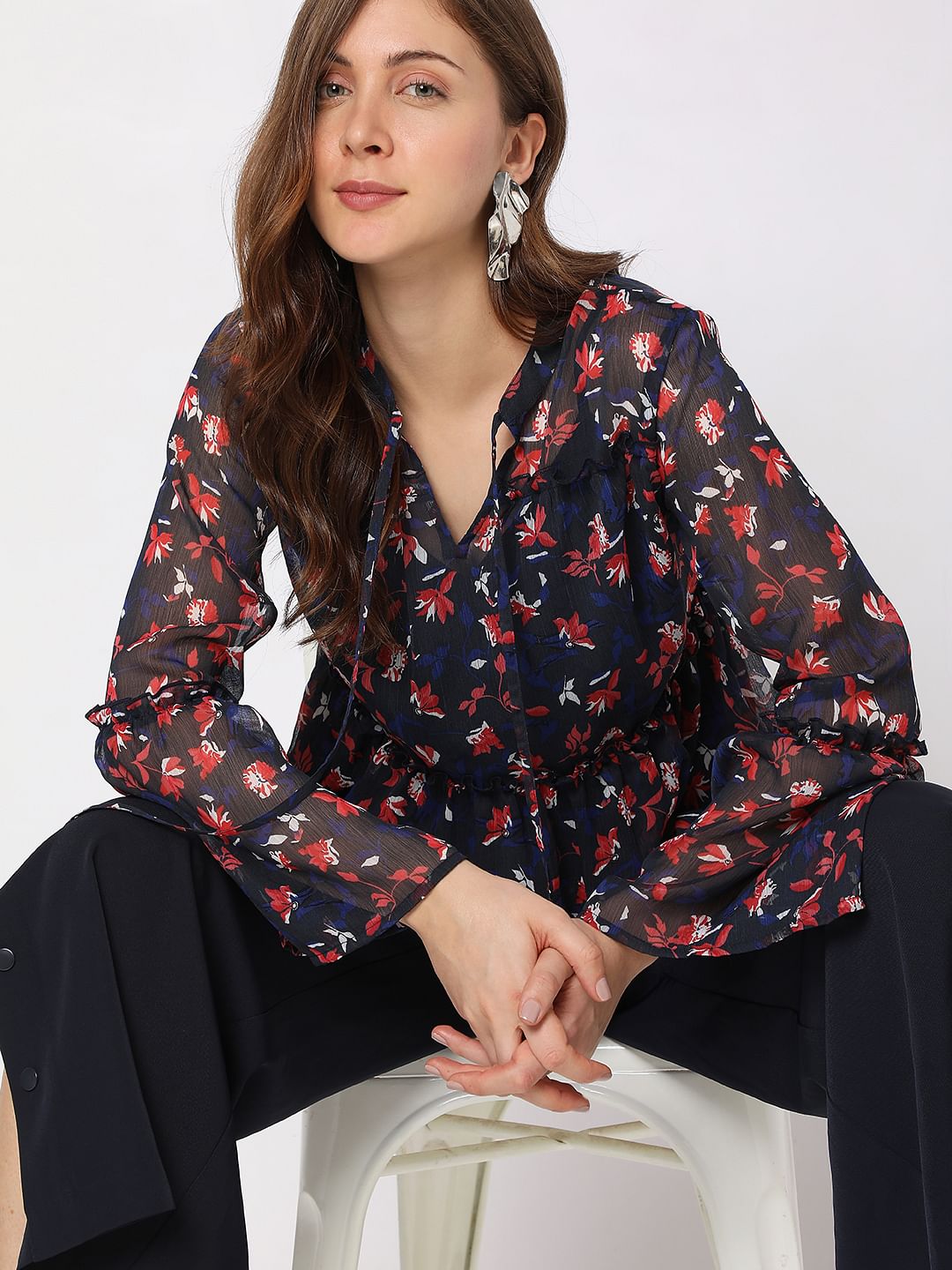 Navy Blue Floral Top