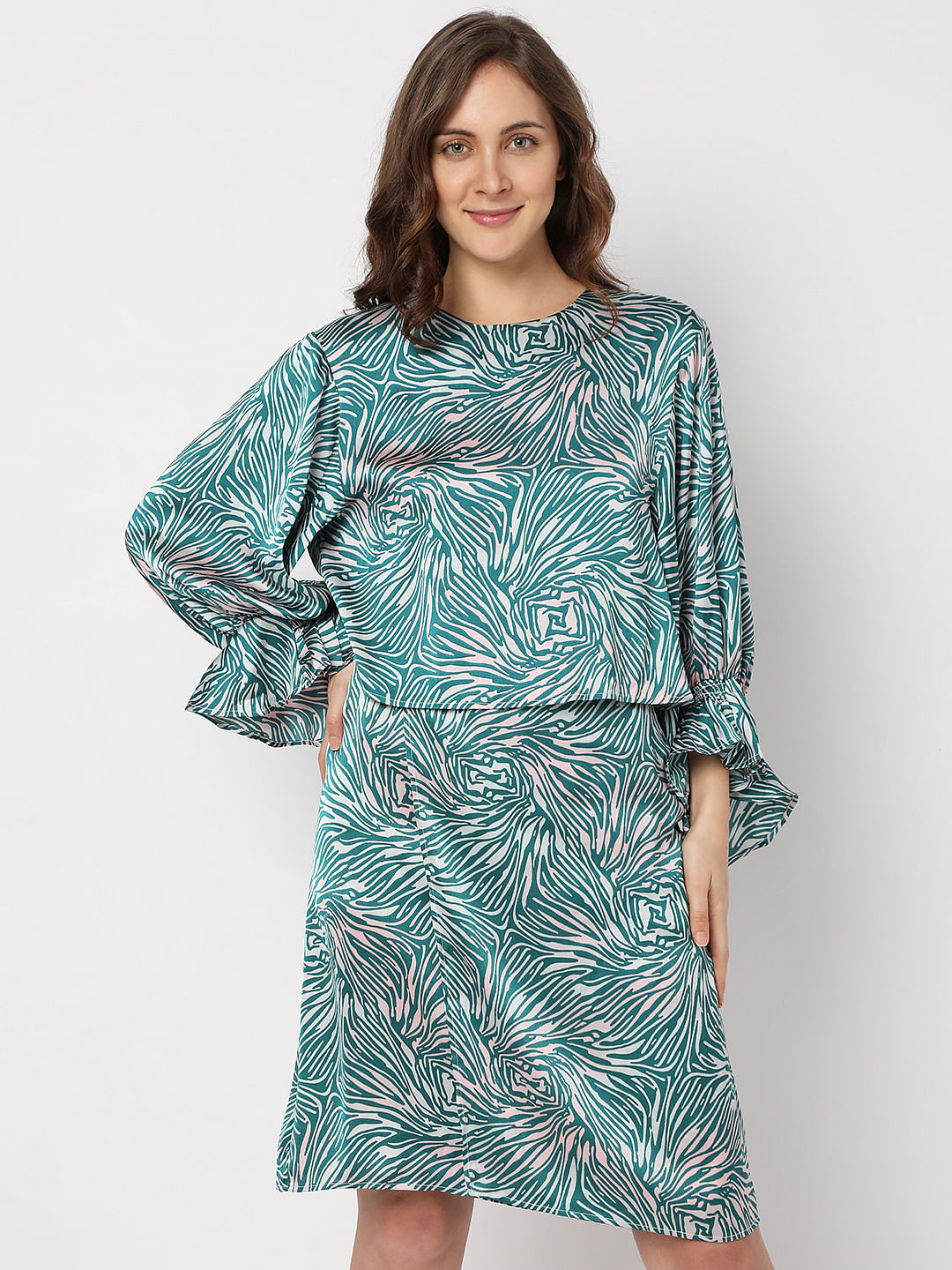 Blue Animal Print Satin Co-Ord Set Top