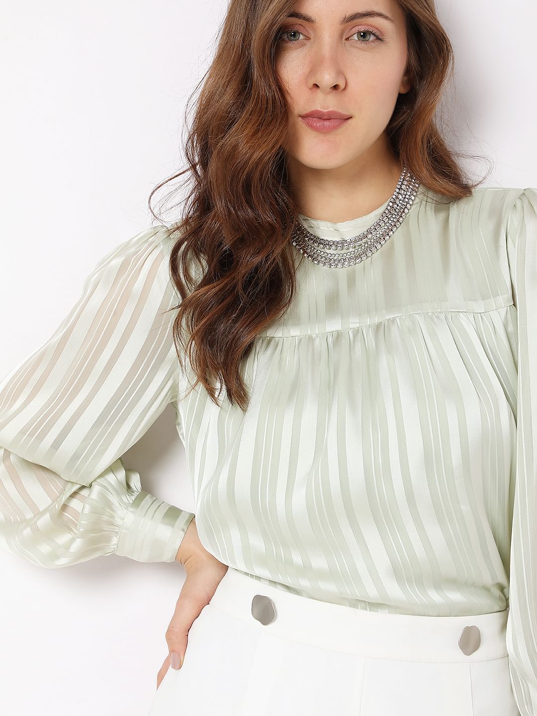 Vero Mdoa Green Satin Striped Top