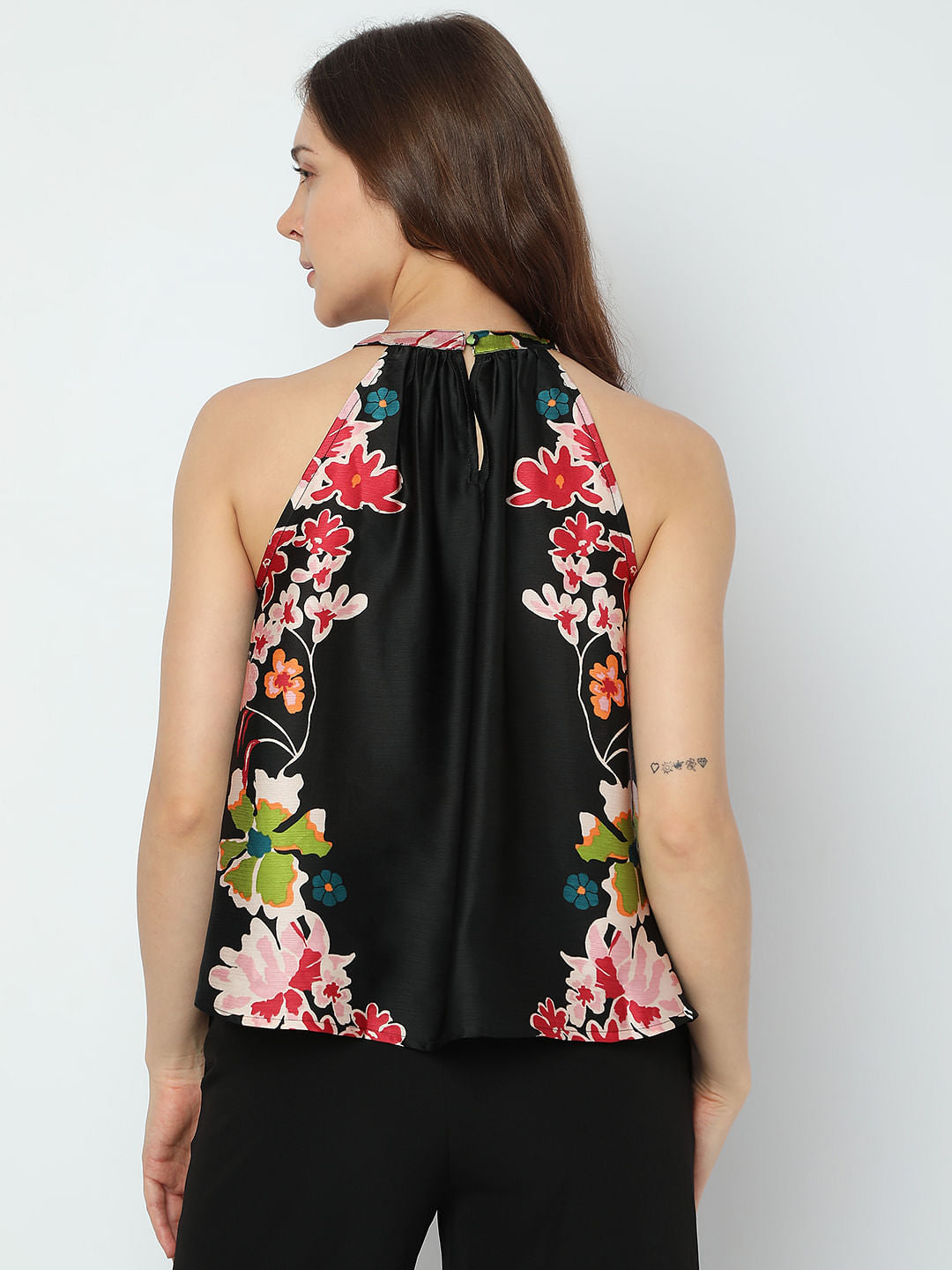 Black Floral Satin Halter Neck Top