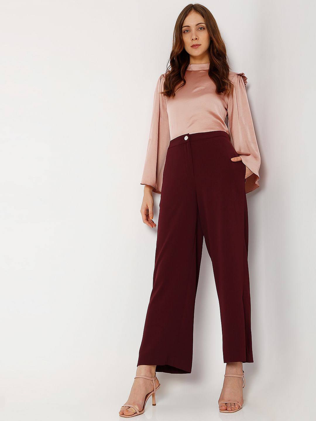 Maroon High Rise Wide Leg Co-Ord Set Pants