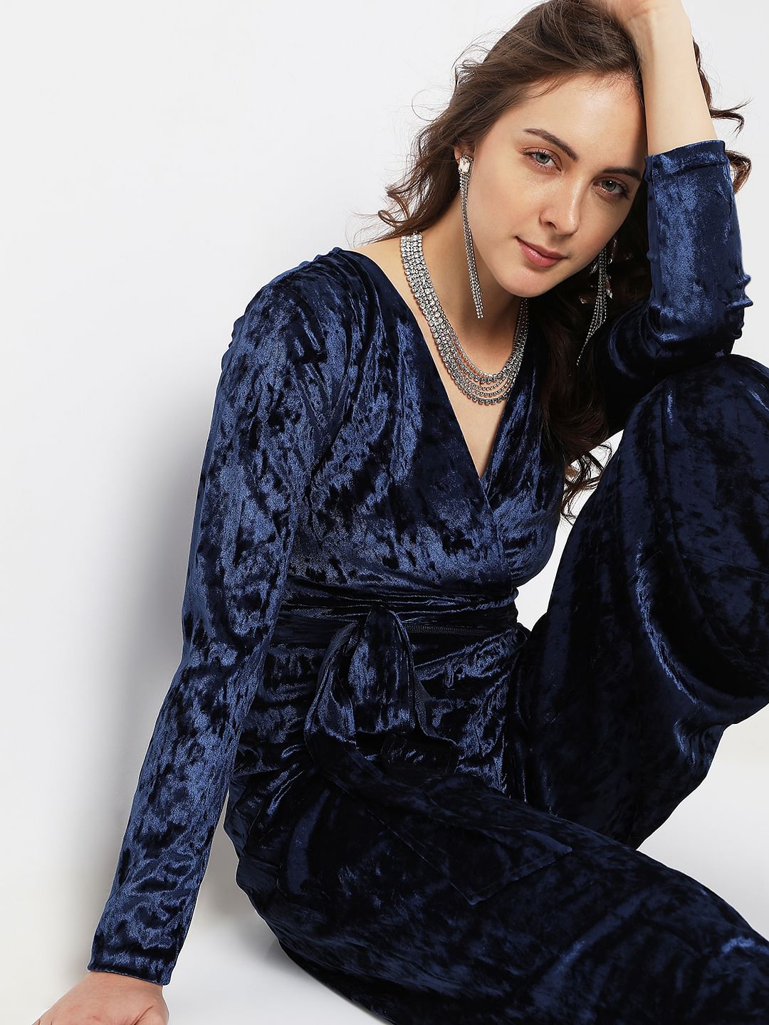 Dark Blue Velvet Overlap Jumpsuit