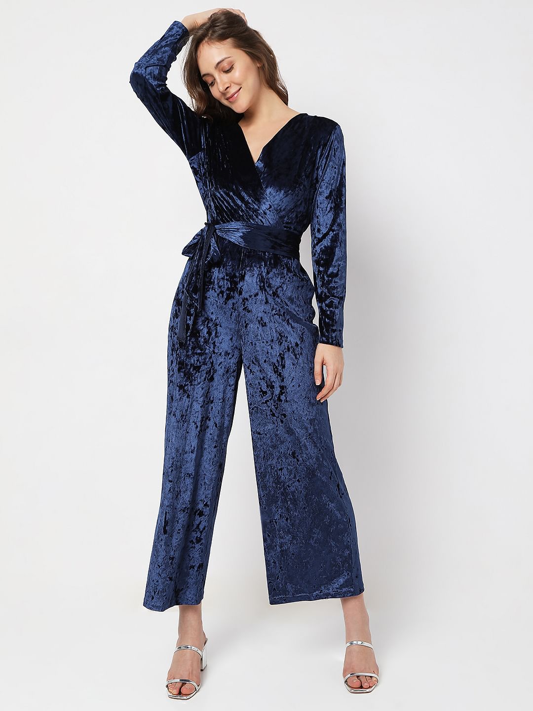 Dark Blue Velvet Overlap Jumpsuit