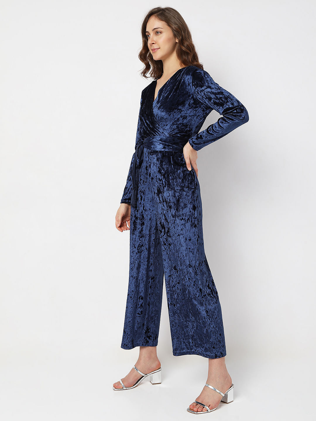 Dark Blue Velvet Overlap Jumpsuit