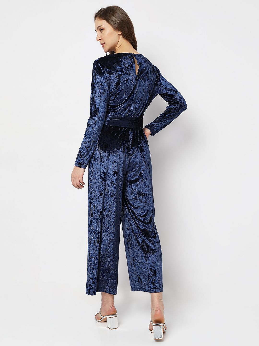 Dark Blue Velvet Overlap Jumpsuit