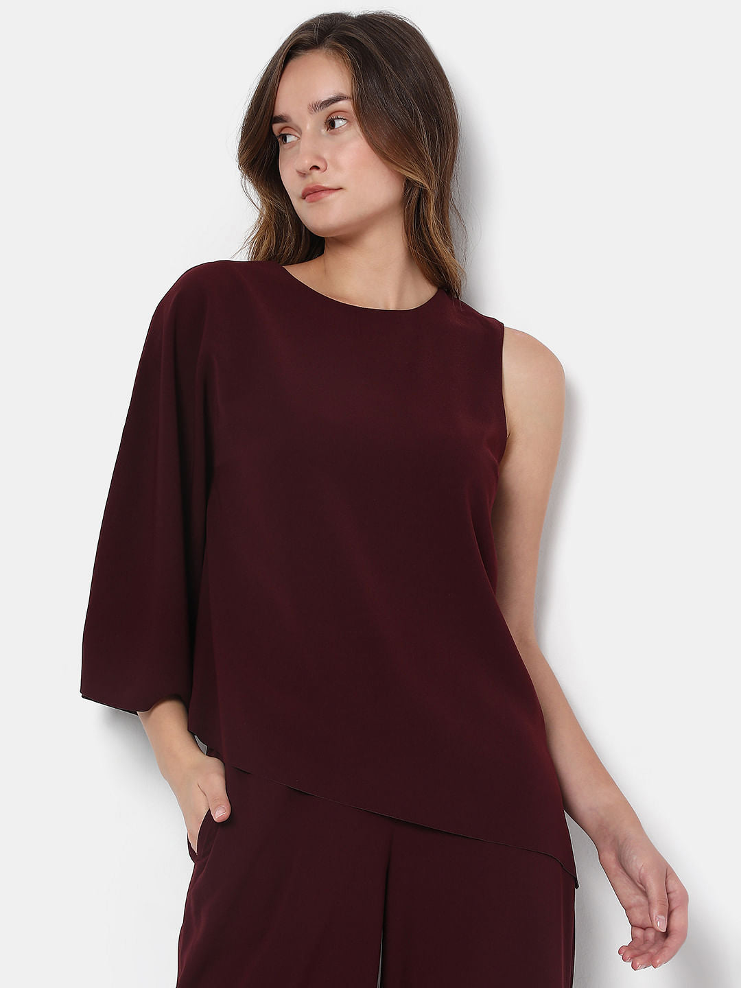 Burgundy One-Shoulder Co-Ord Set Top