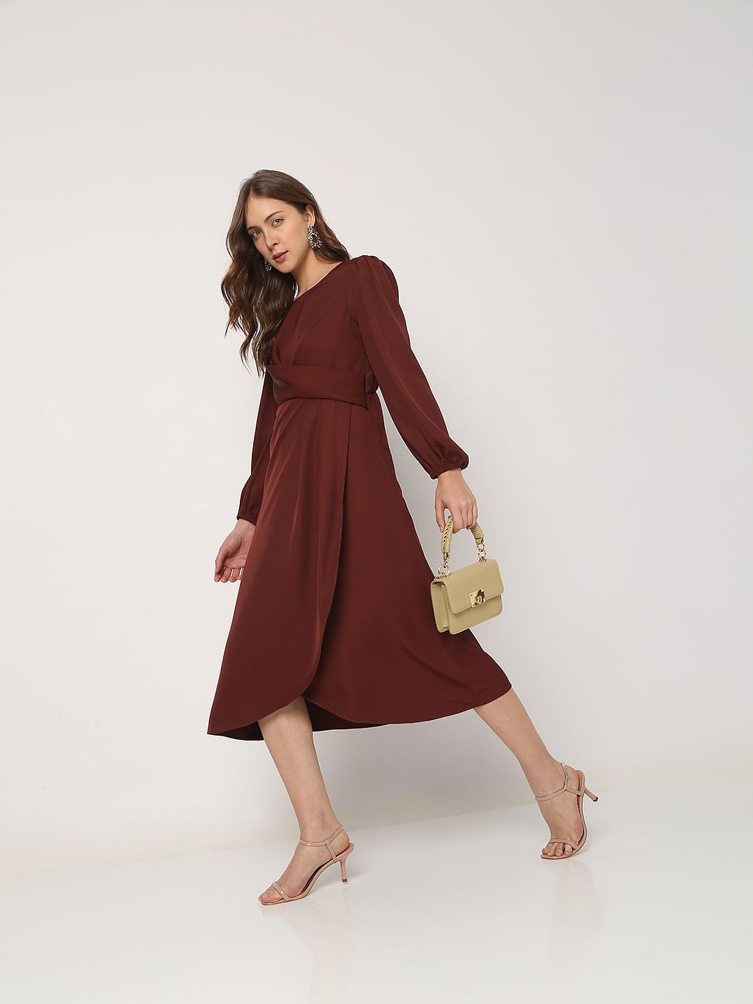 Rust Brown Satin Midi Dress