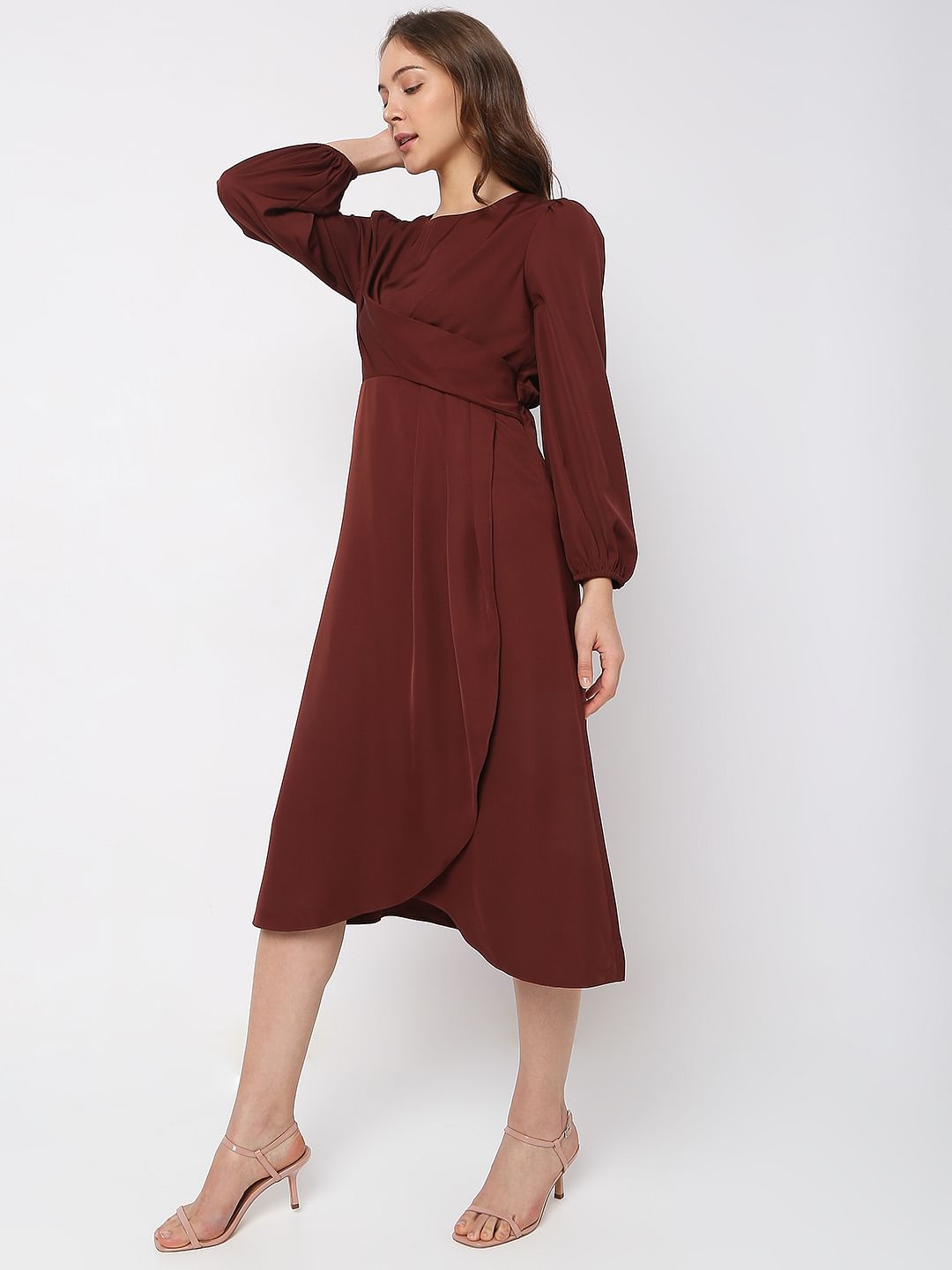 Rust Brown Satin Midi Dress