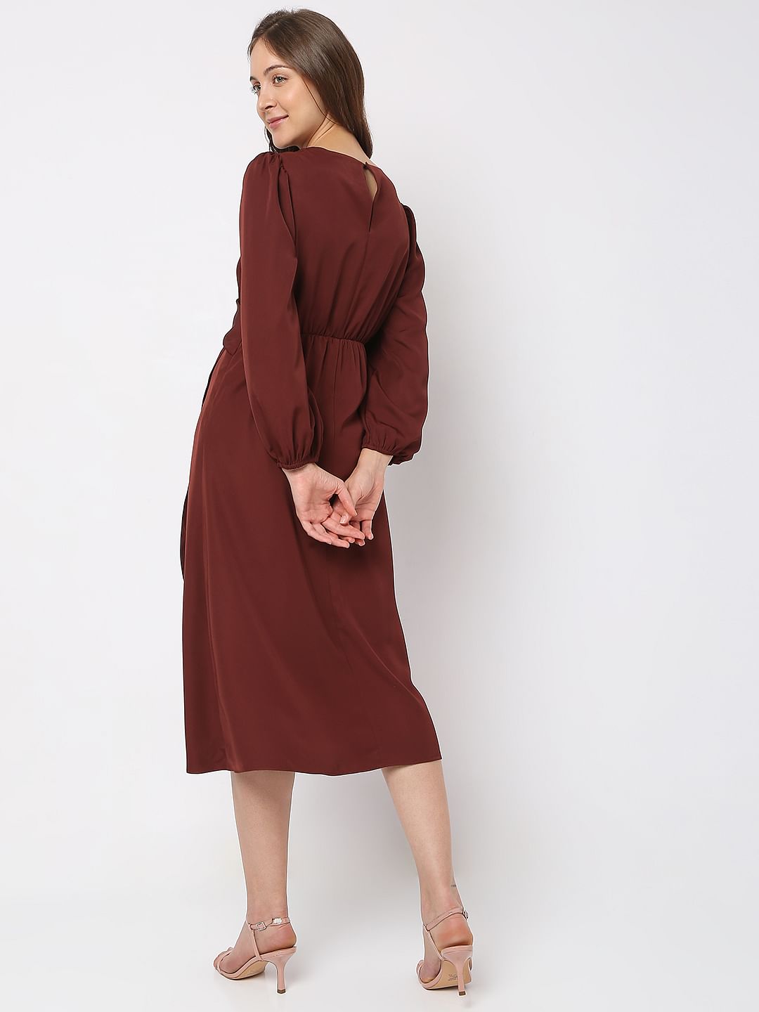Rust Brown Satin Midi Dress