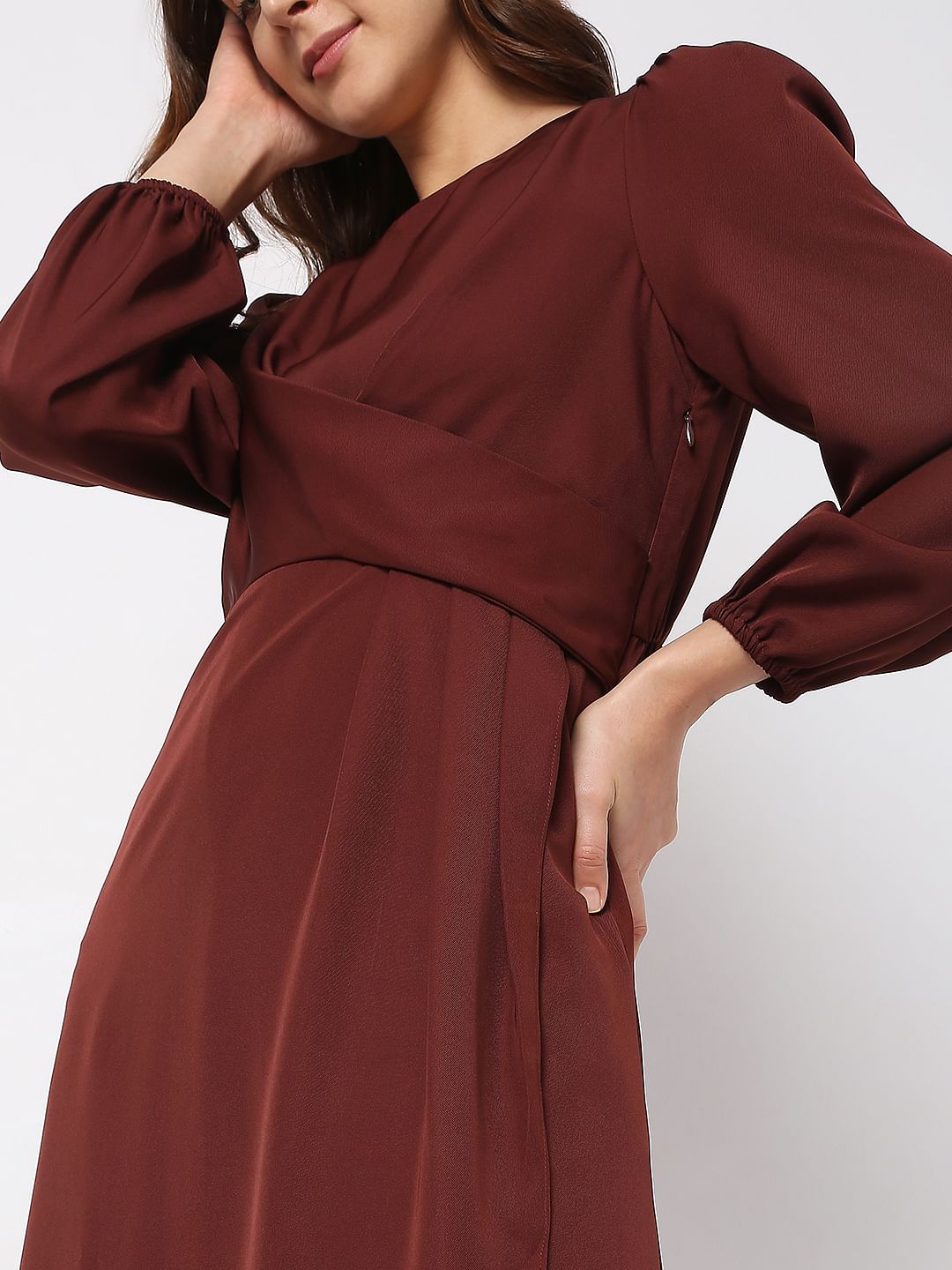 Rust Brown Satin Midi Dress
