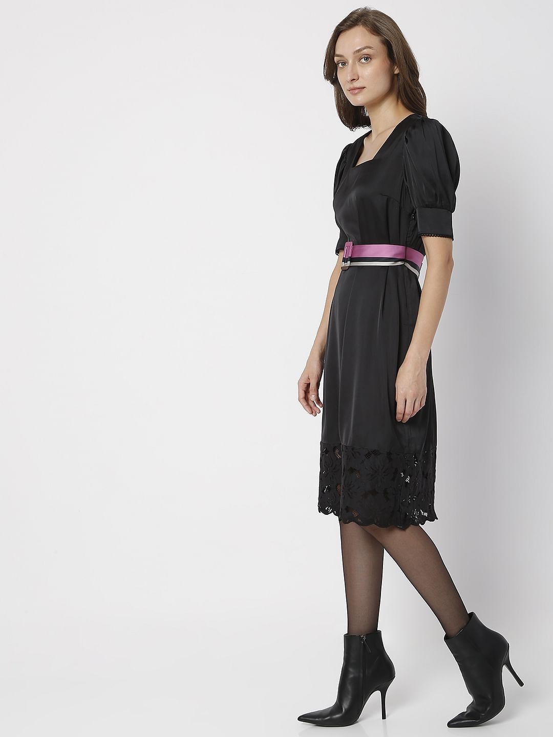 Black Lace Detail Midi Dress