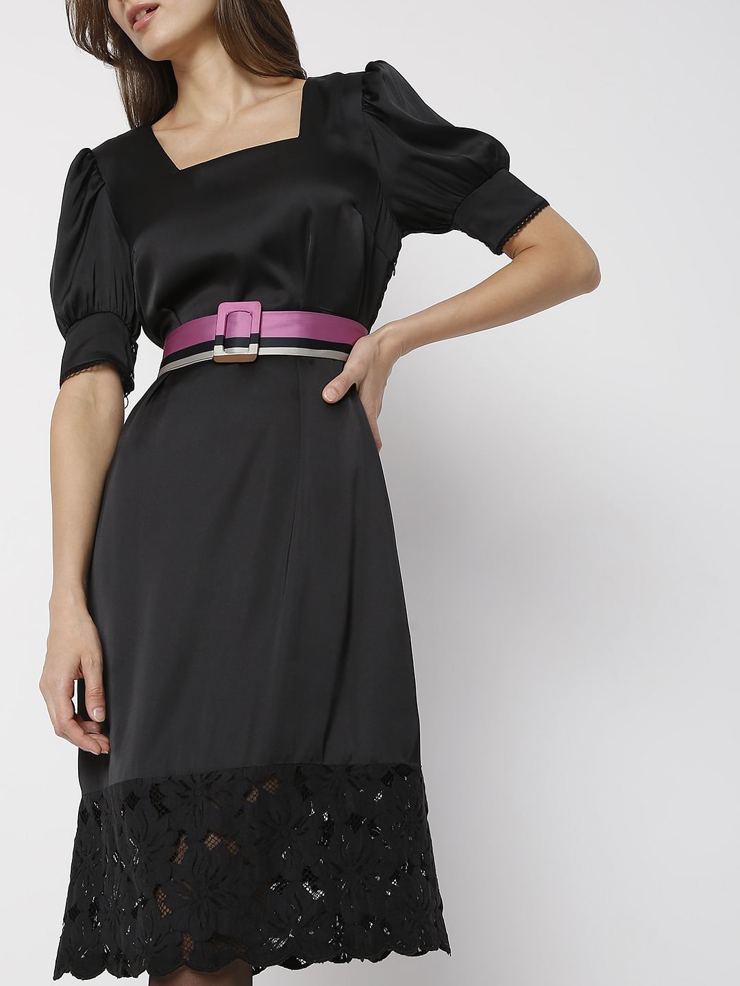 Black Lace Detail Midi Dress