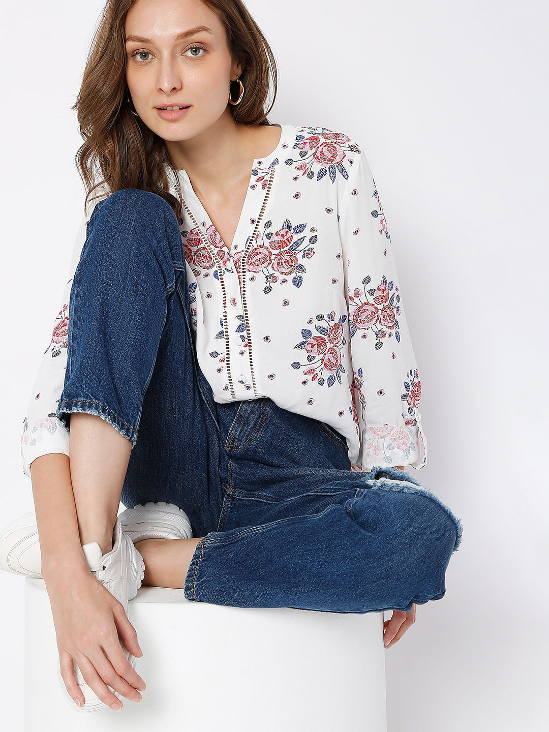 White Floral Print Top