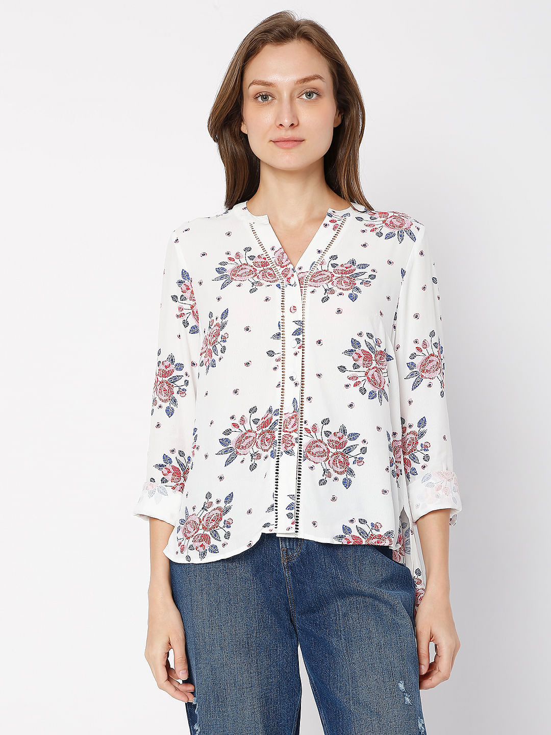 White Floral Print Top