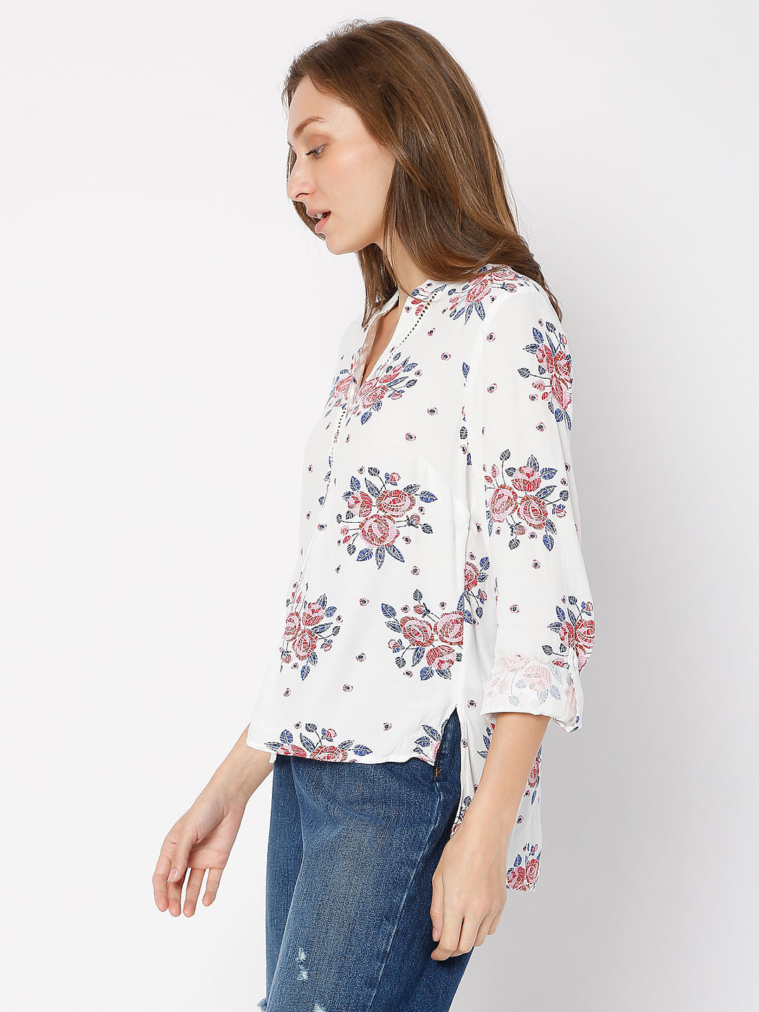 White Floral Print Top