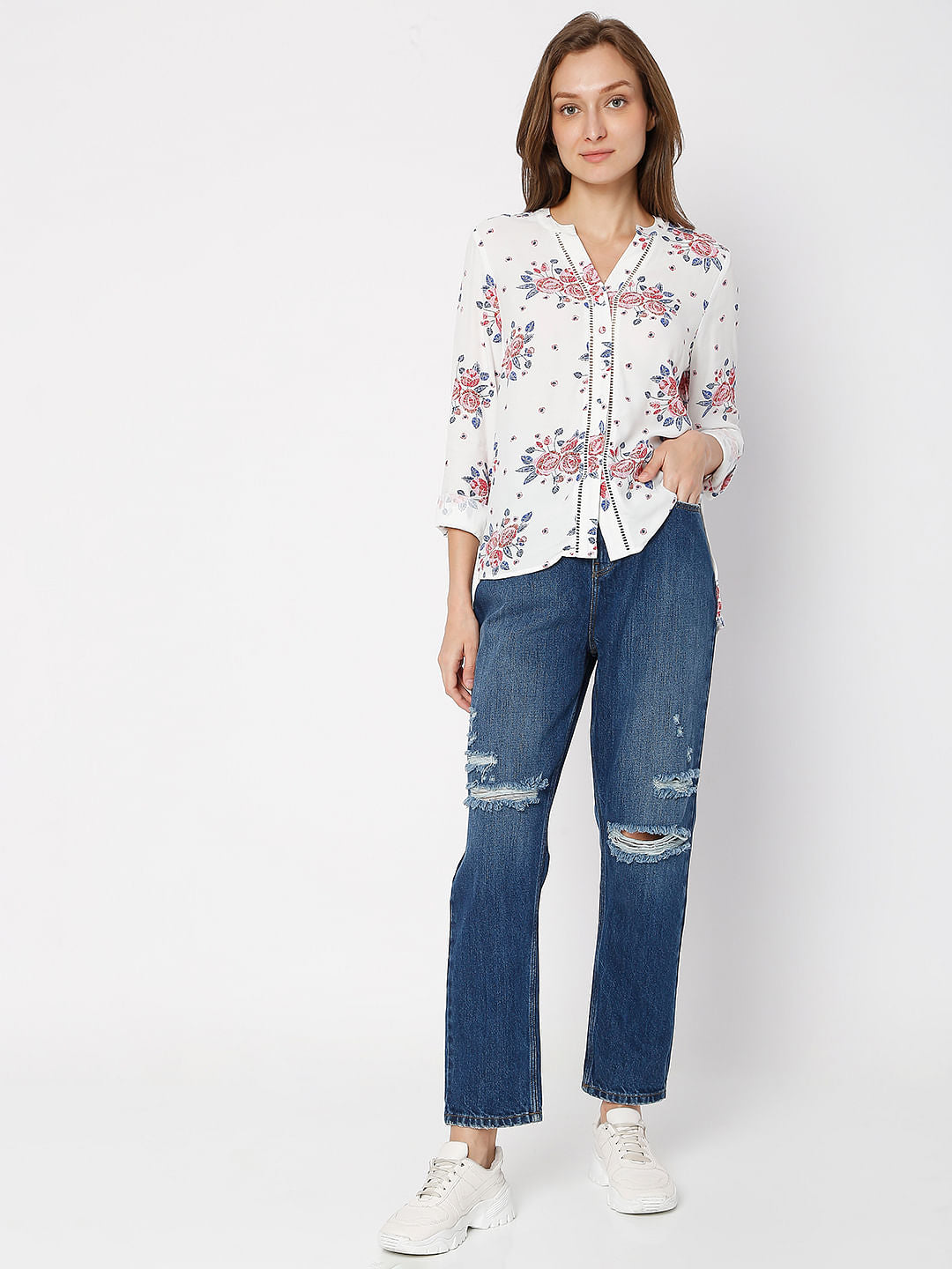 White Floral Print Top