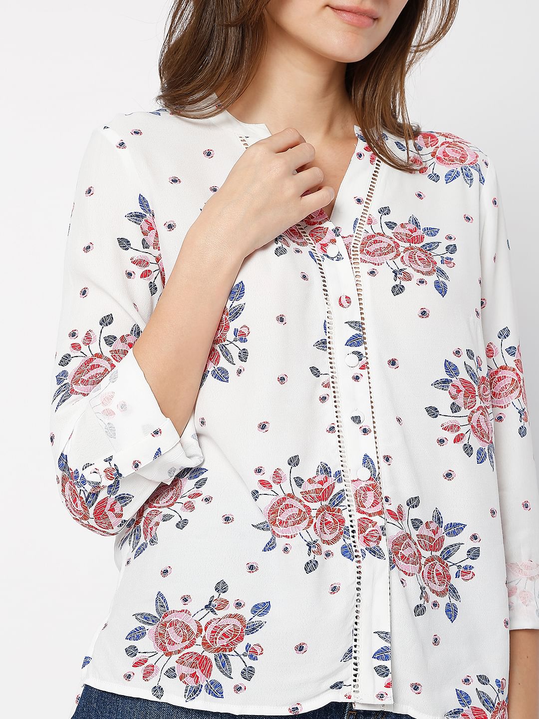 White Floral Print Top