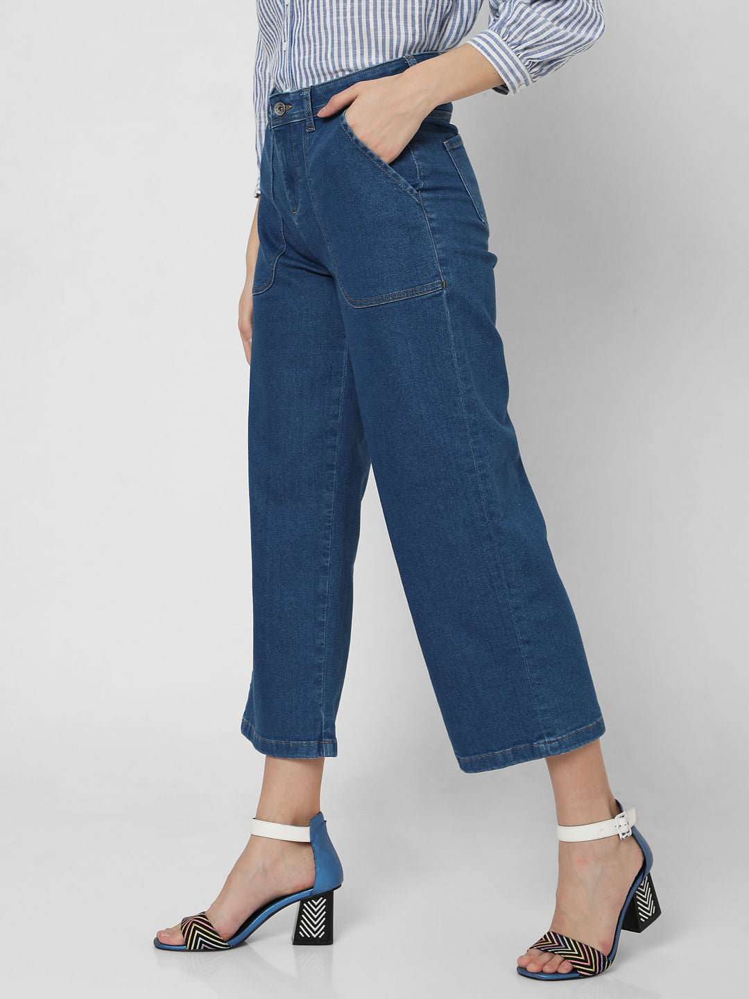 Blue High Rise Patch Pocket Wide Leg Jeans