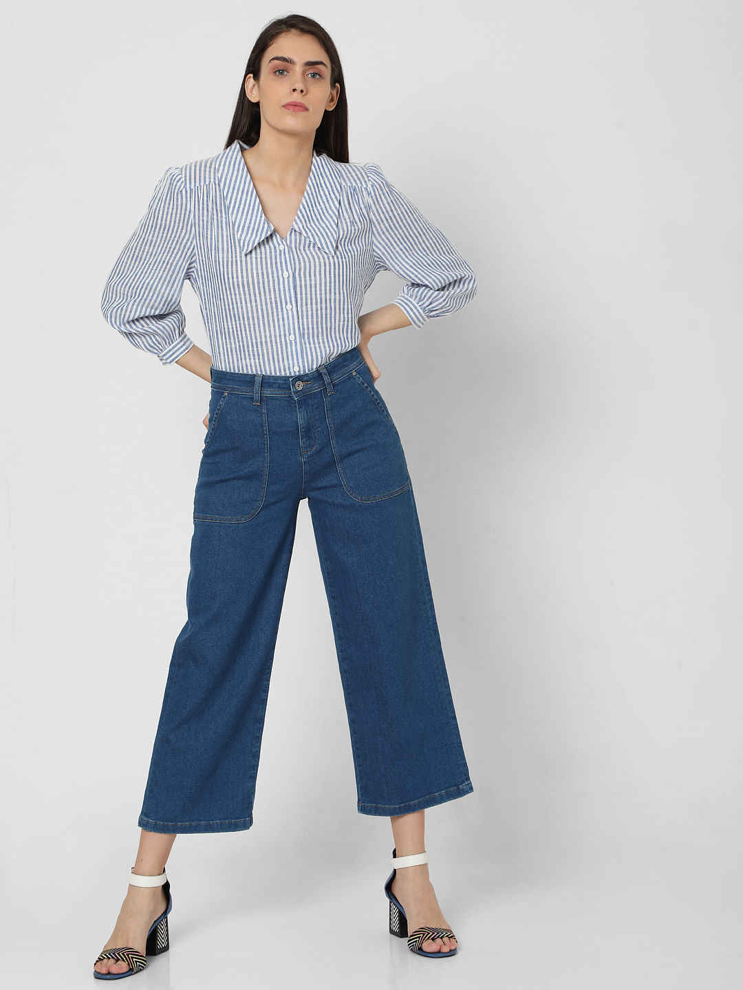 Blue High Rise Patch Pocket Wide Leg Jeans