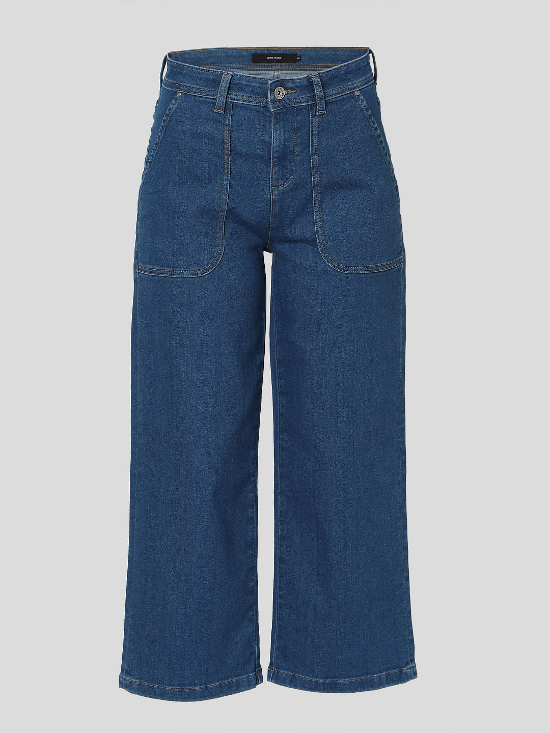 Blue High Rise Patch Pocket Wide Leg Jeans