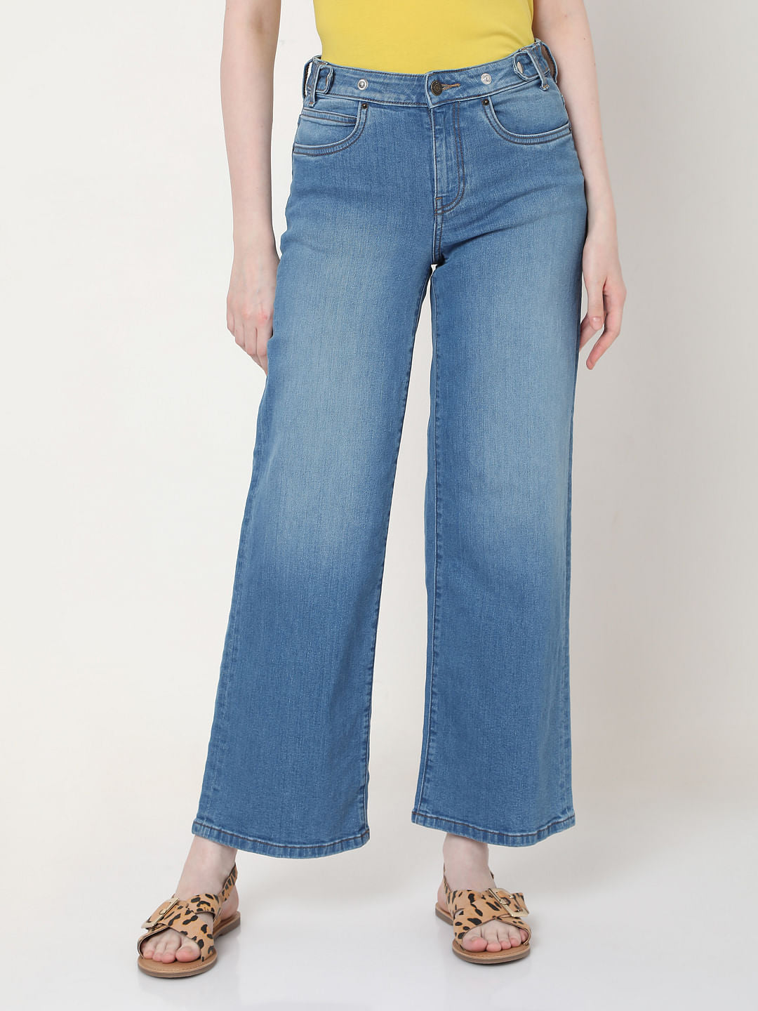 Blue Mid Rise Wide Leg Jeans