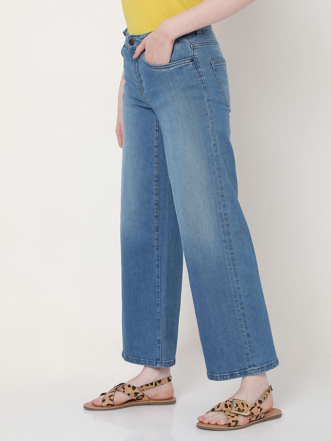 Blue Mid Rise Wide Leg Jeans