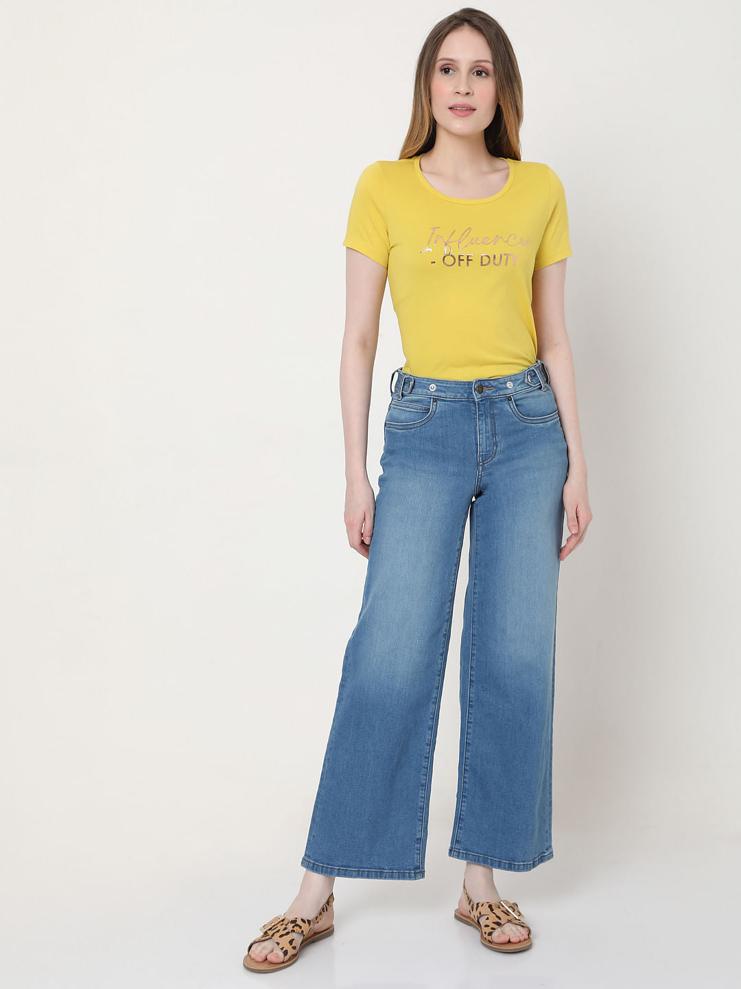 Blue Mid Rise Wide Leg Jeans