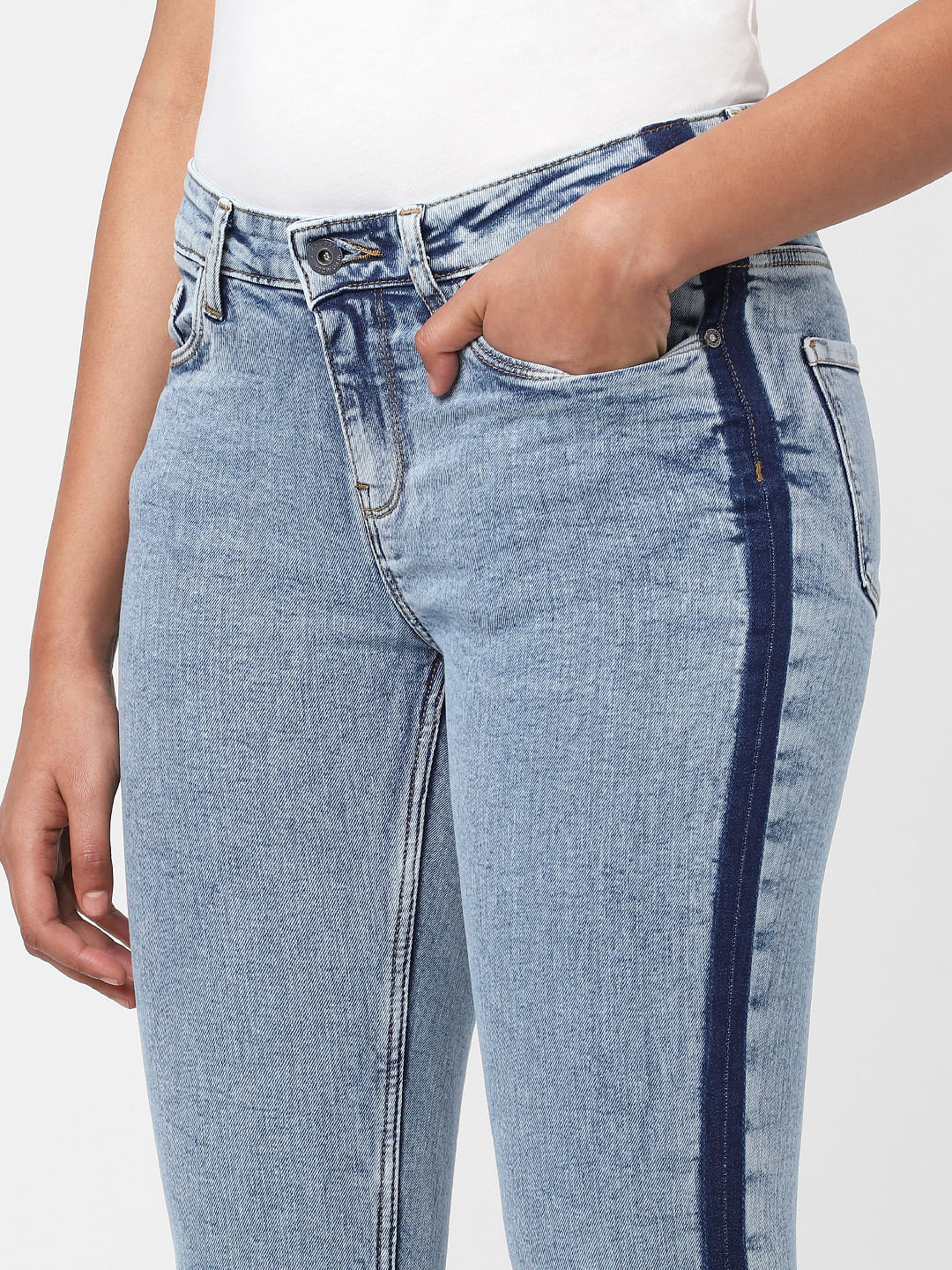 Blue Mid Rise Tape Detail Bootcut Jeans