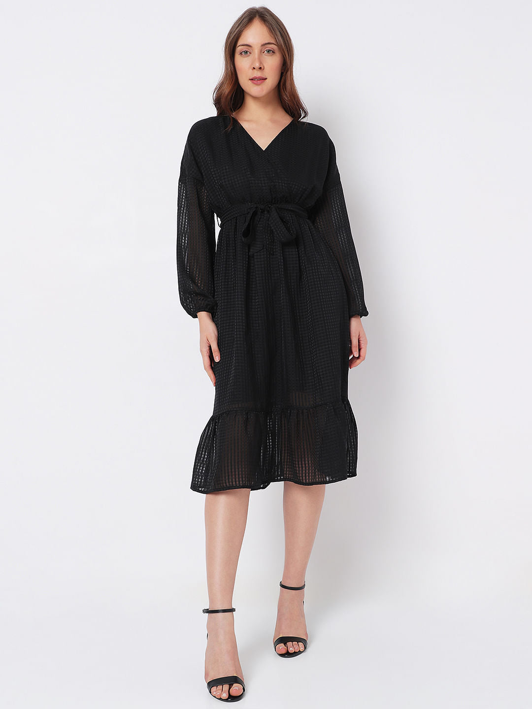 Black Textured Tiered Midi Dress