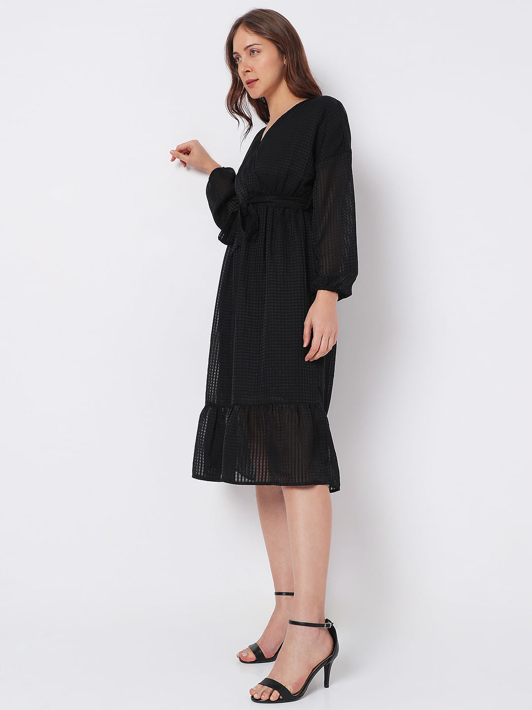 Black Textured Tiered Midi Dress