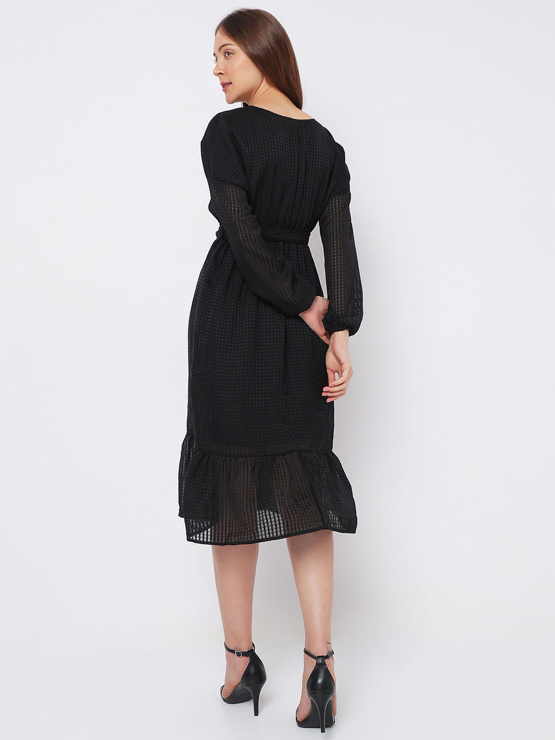 Black Textured Tiered Midi Dress