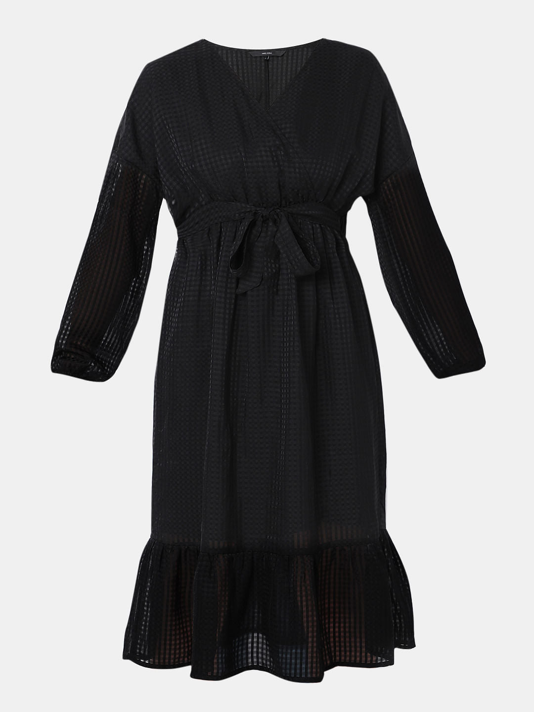 Black Textured Tiered Midi Dress