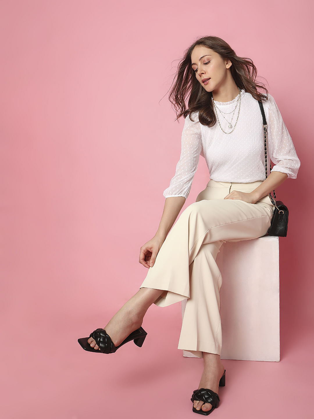 White High Neck Ruffled Top