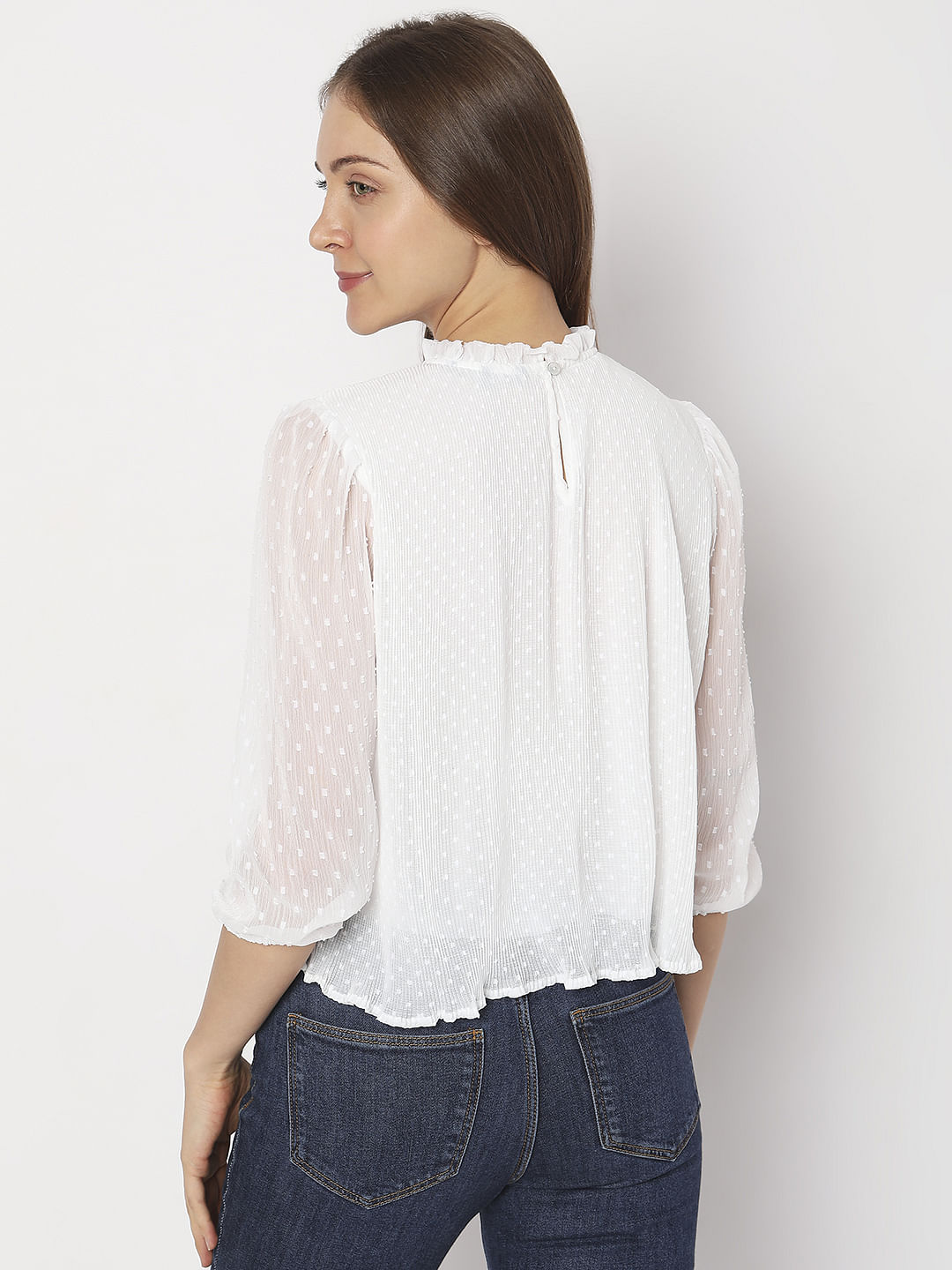 White High Neck Ruffled Top